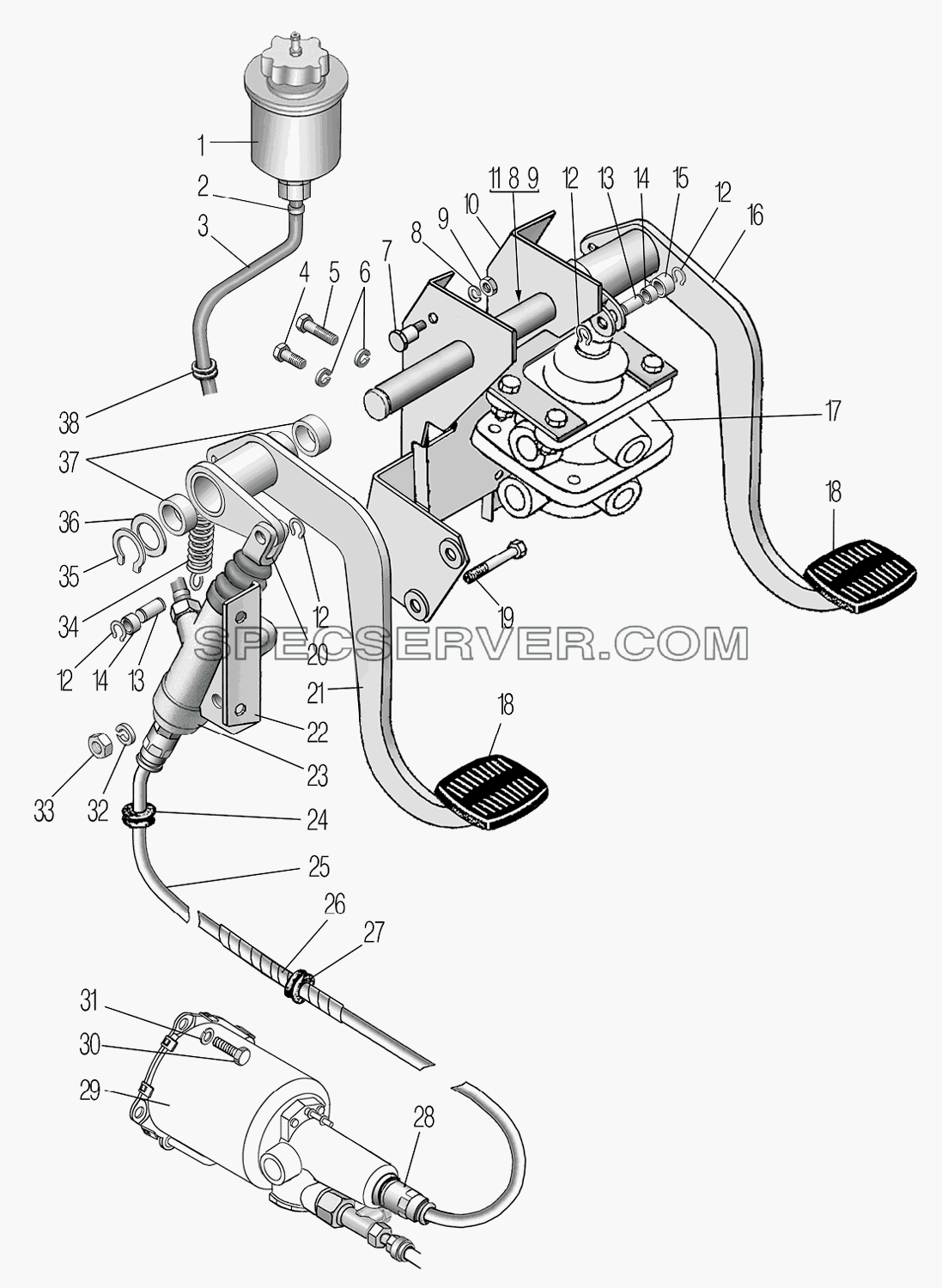 Привод педалей сцепления и тормоза для Урал-44202-3511-80М (список запасных частей)