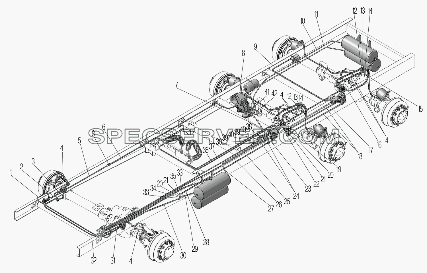 Трубопроводы и шланги пневматического привода рабочих тормозов для Урал-44202-3511-80М (список запасных частей)