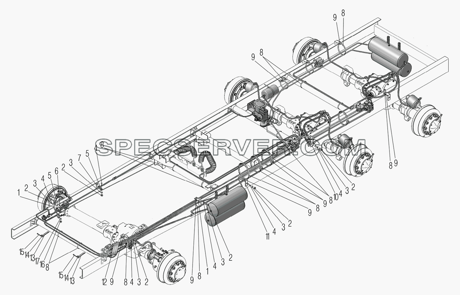 Крепление трубопроводов и шлангов пневматического привода рабочих тормозов для Урал-44202-3511-80М (список запасных частей)