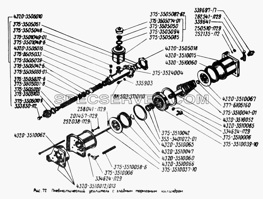 Пневматический усилитель с главным тормозным цилиндром для Урал-5557 (список запасных частей)