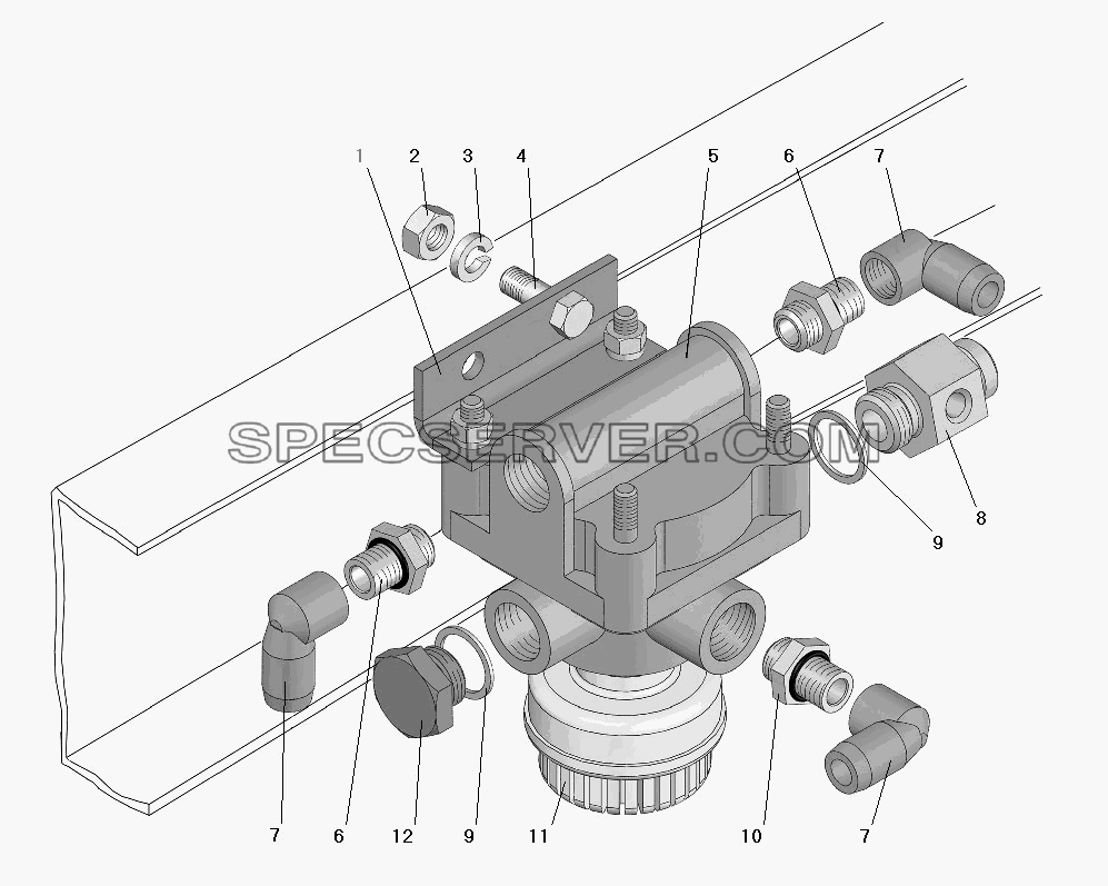 Установка ускорительного клапана (для стояночного тормоза) для Урал-63674 (список запасных частей)