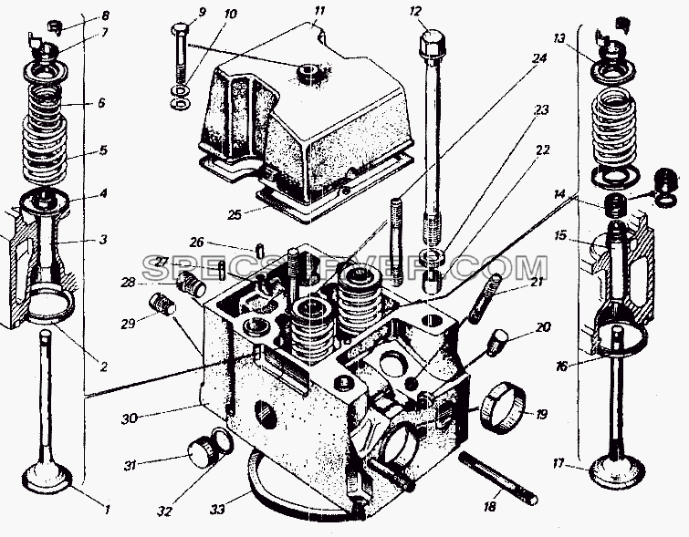 Головка цилиндра с клапанами в сборе для Урал-4420 (список запасных частей)