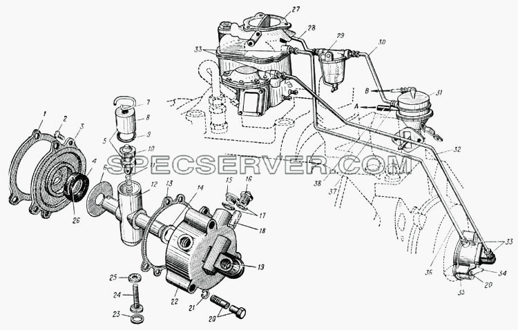 Центробежный датчик ограничителя оборотов коленчатого вала двигателя, топливопроводы карбюратора и топливного насоса (Рис. 29) для Урал-375 (список запасных частей)