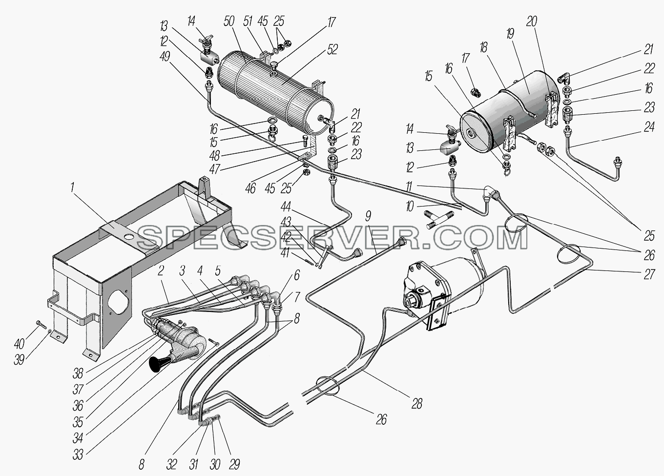 Пневмопривод стояночного тормоза для Урал-4320-1951-58 (список запасных частей)