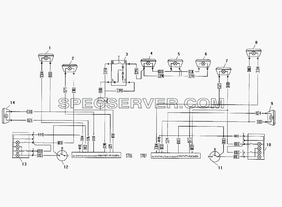 Схема электрическая подключения светотехнических приборов на кабине для Урал-532301 (список запасных частей)