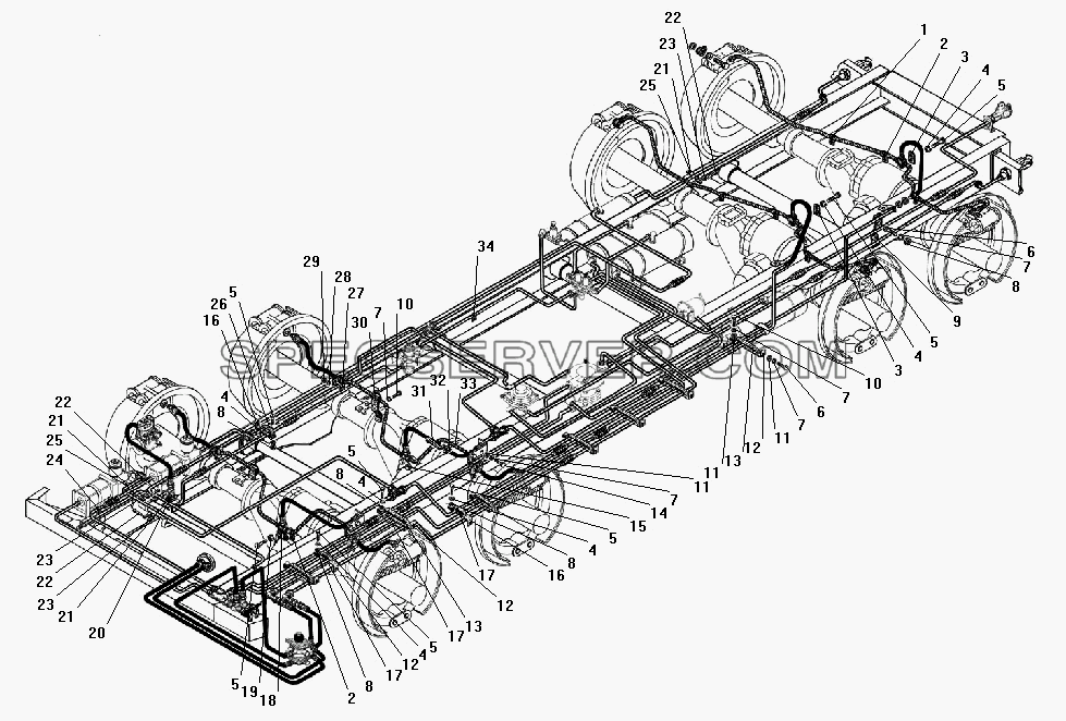 Крепление трубопроводов и шлангов гидропневматического привода рабочих тормозов для Урал-532301 (список запасных частей)