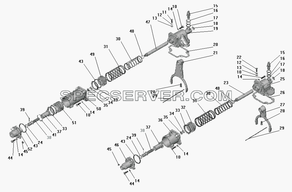 Управление и механизм переключения раздаточной коробки для Урал-532301 (список запасных частей)