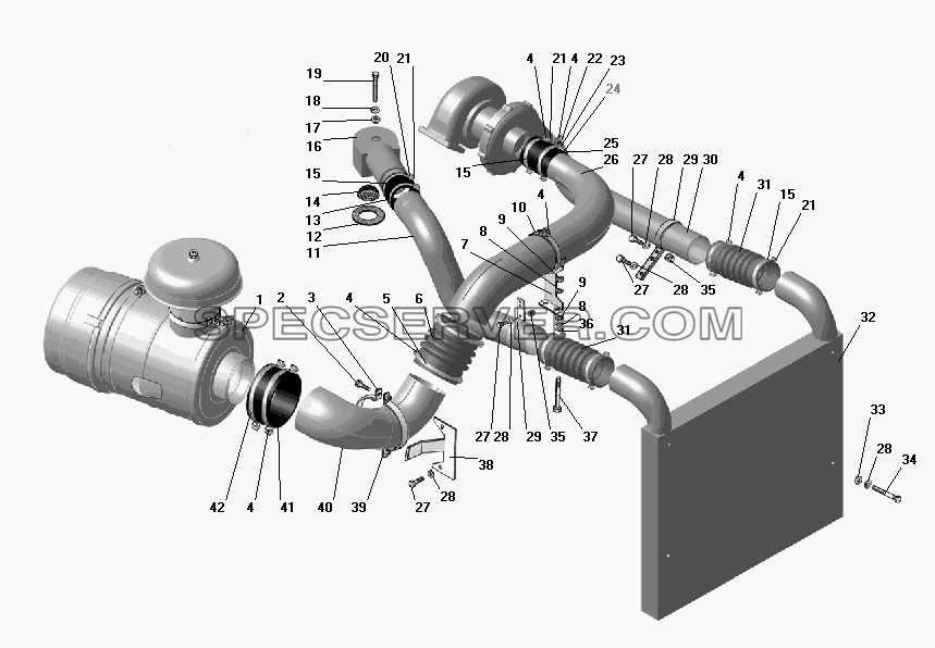 Воздуховод с воздушным фильтром для Урал-4320-41 (список запасных частей)