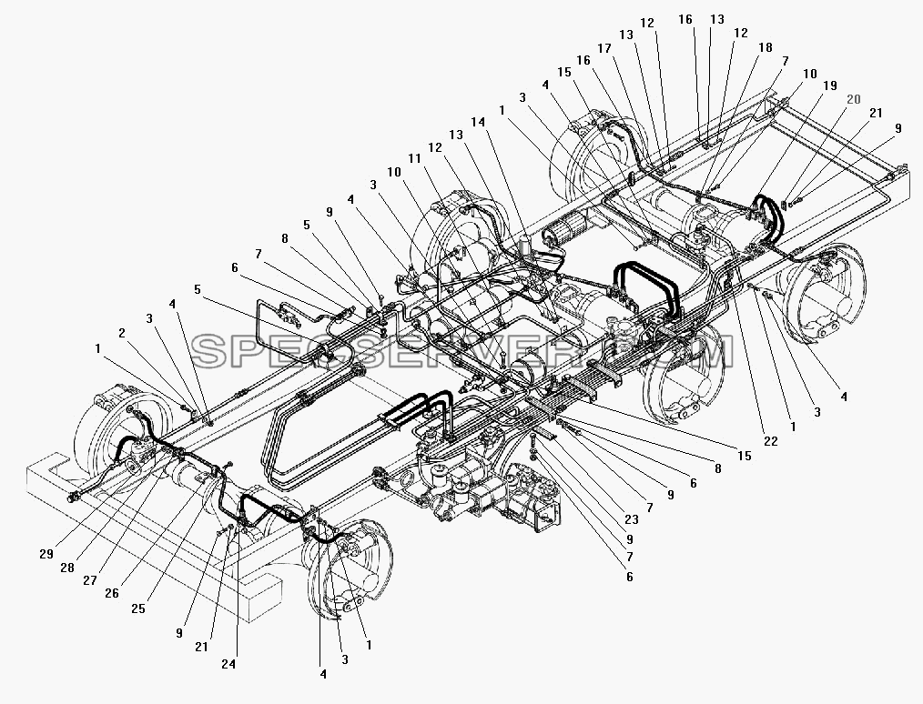 Крепление трубопроводов и шлангов гидропневматического привода рабочих тормозов для Урал-55571-40 (список запасных частей)
