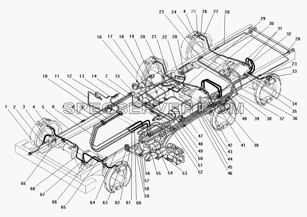 Трубопроводы и шланги гидропневматического привода рабочих тормозов с АБС для Урал-55571-40 (список запасных частей)