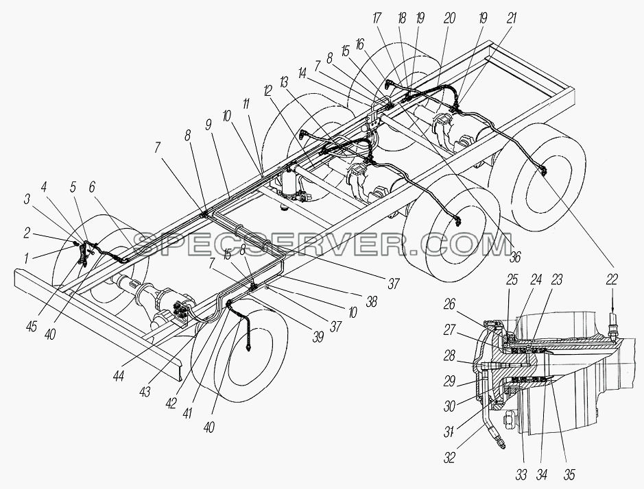 Система регулирования давления воздуха в шинах для Урал-4320-80М/82М (список запасных частей)