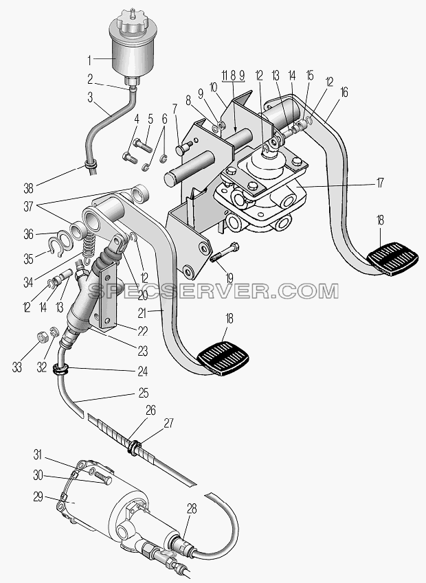 Привод педалей сцепления и тормоза для Урал-4320-80М/82М (список запасных частей)