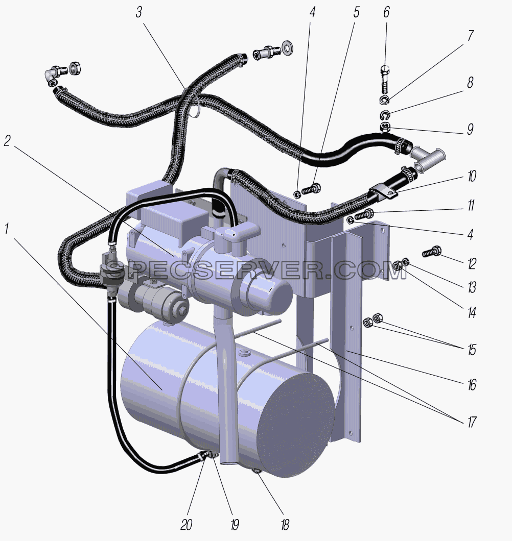 Установка агрегатов системы предпускового подогрева двигателя для Урал-63704 (список запасных частей)