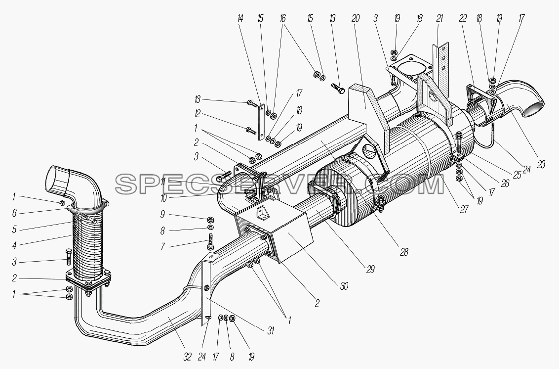 Система выпуска газов с обогревом кузова для Урал-63704 (список запасных частей)