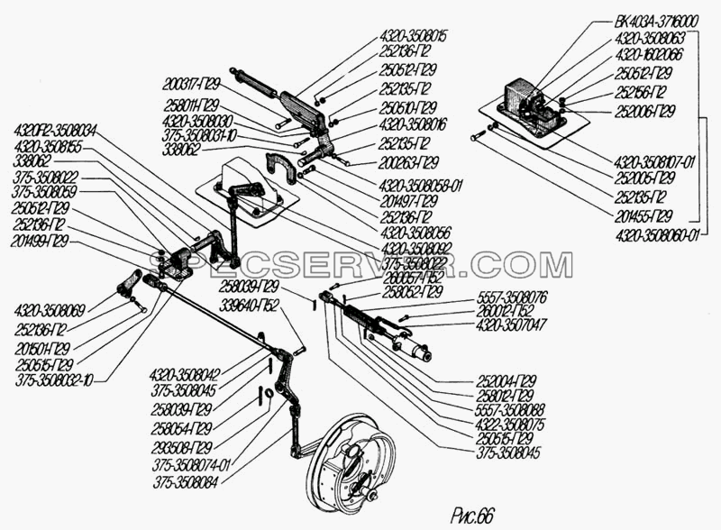 Привод стояночного тормоза и управление краном торможения прицепа для Урал-4320-31 (список запасных частей)