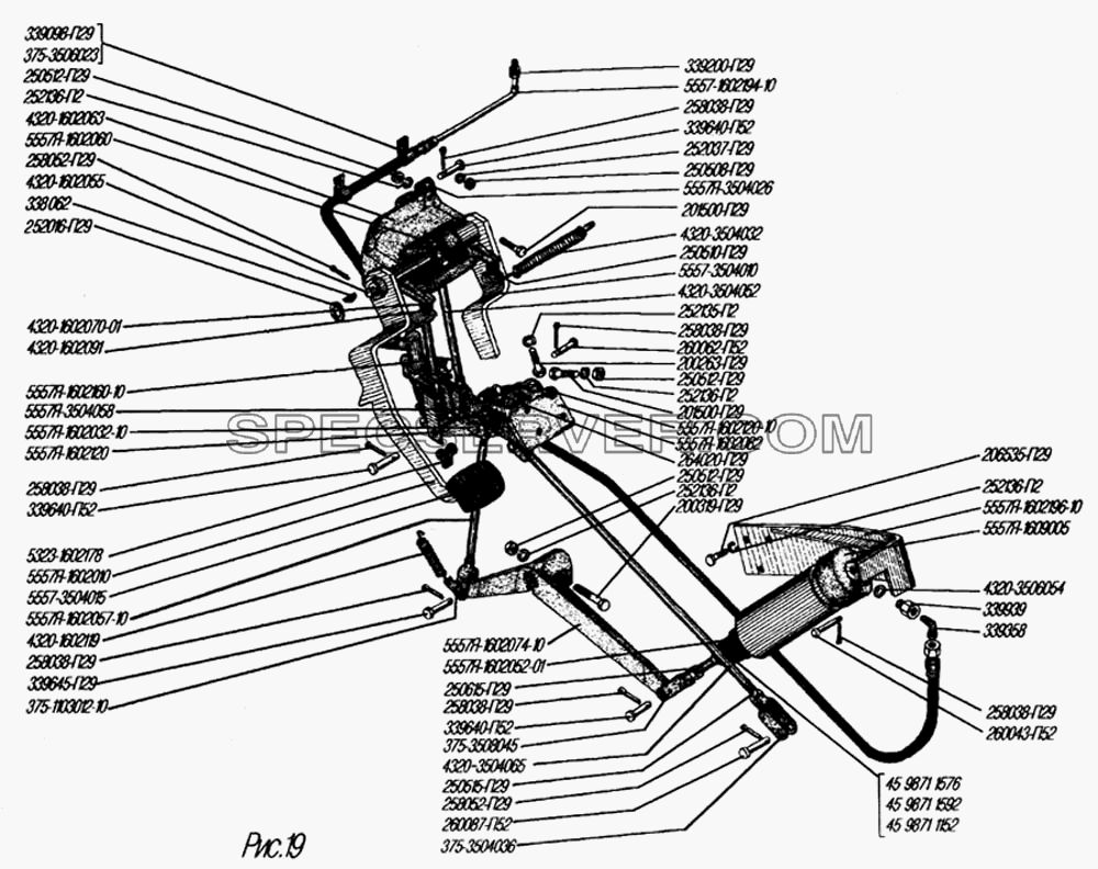 Привод педалей сцепления и тормоза (для диафрагменного сцепления) для Урал-4320-31 (список запасных частей)