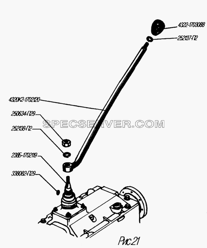 Установка рычага переключения передач коробки передач для Урал-4320-31 (список запасных частей)