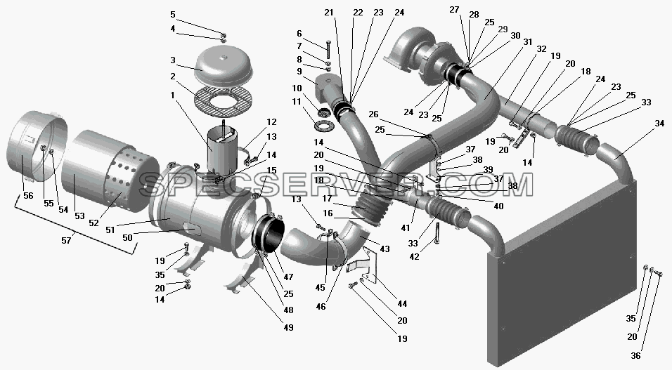 Воздухопровод с воздушным фильтром для Урал-5557-40 (список запасных частей)