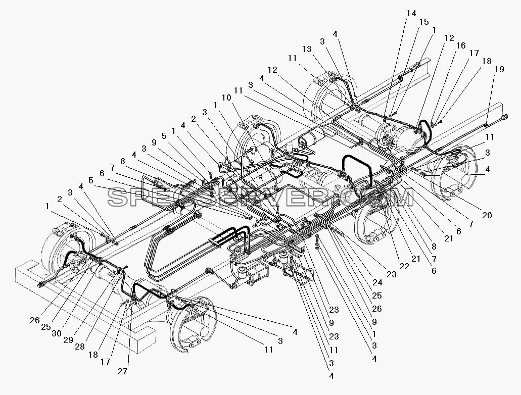 Крепление трубопроводов и шлангов гидропневматического привода рабочих тормозов без АБС для Урал-5557-40 (список запасных частей)