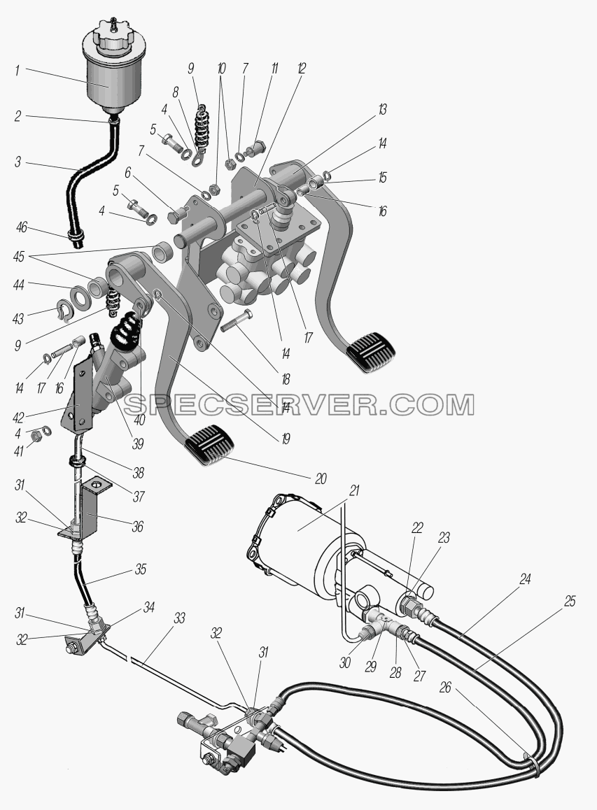 Привод педалей сцепления и тормоза для Урал-6370-1121 (список запасных частей)