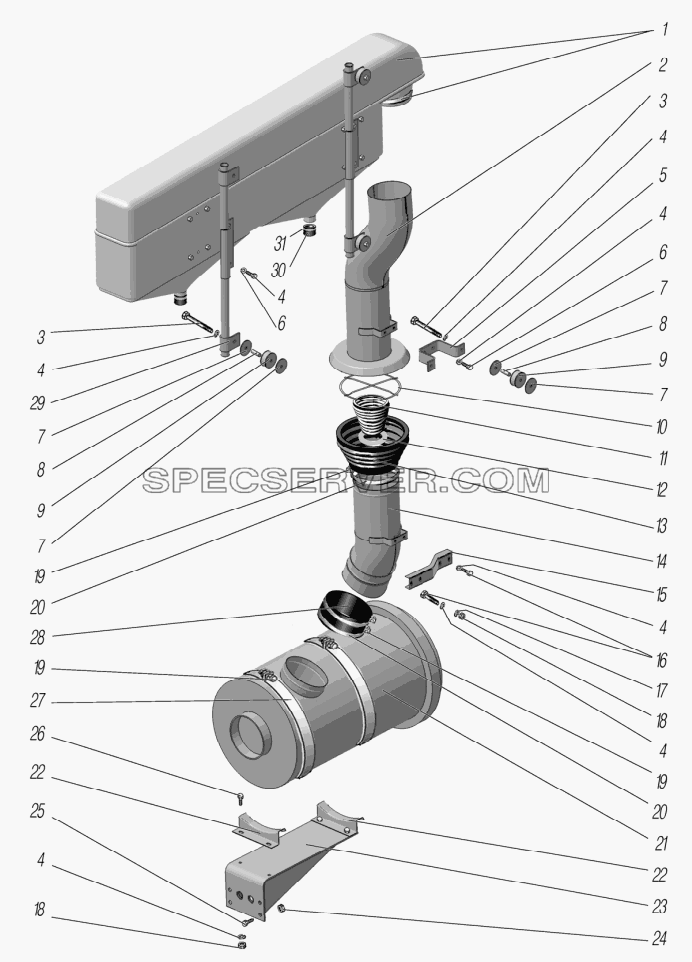 Установка воздушного фильтра и воздухозаборной трубы для Урал-6370-1121 (список запасных частей)