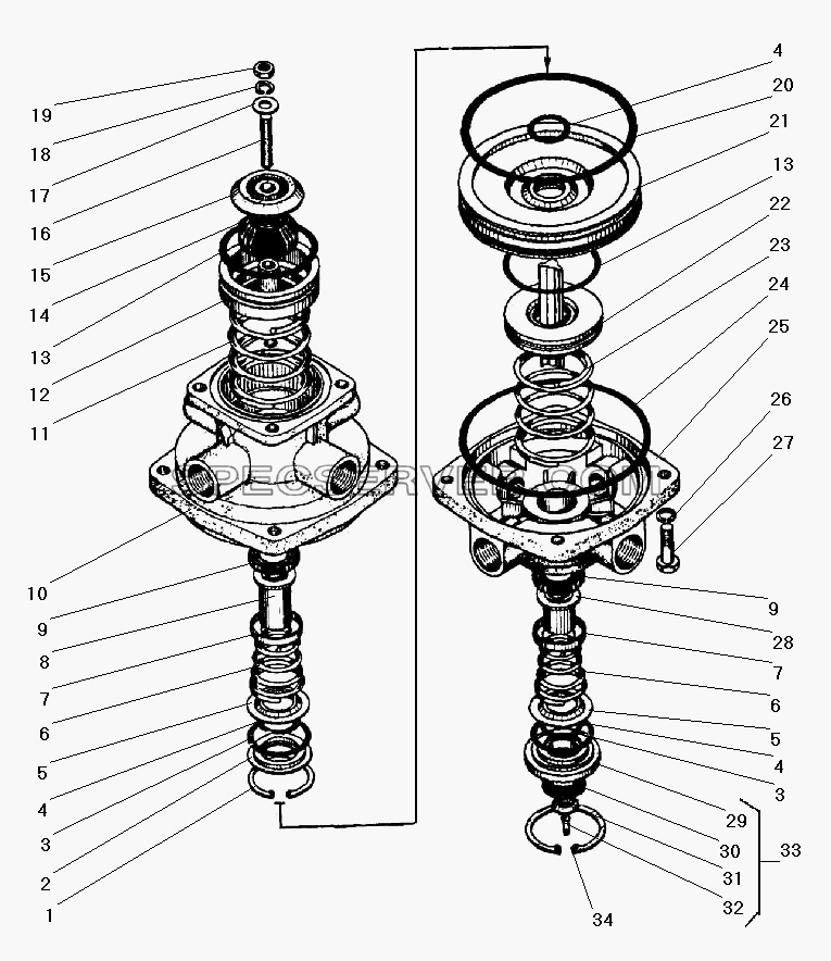 Детали тормозного двухсекционного крана для Урал-43203-10 (список запасных частей)