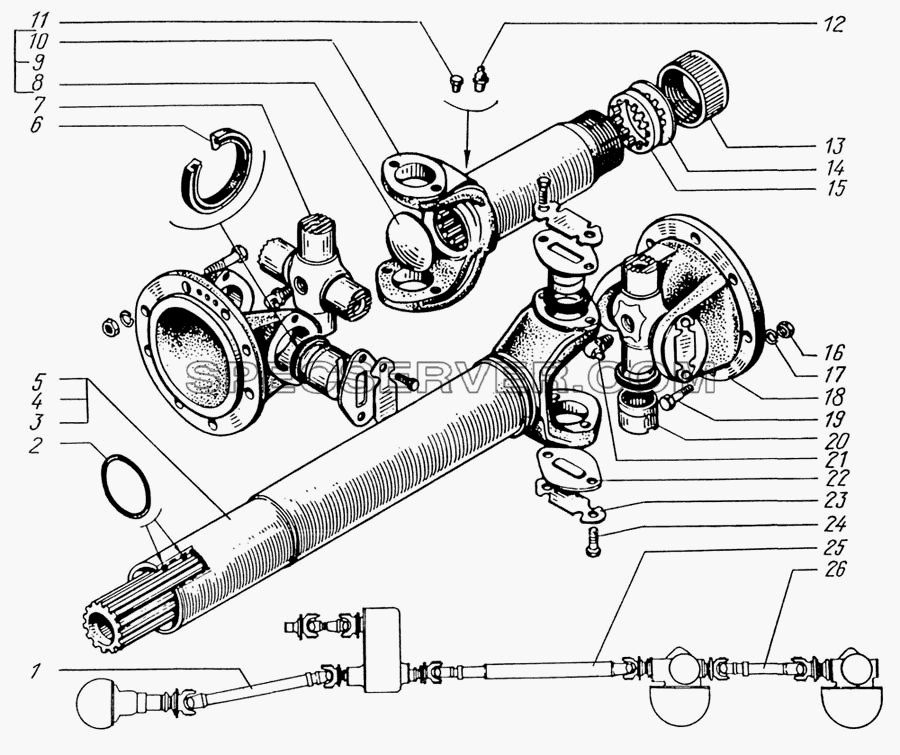 Вал карданный привода переднего, среднего и заднего мостов для КрАЗ-63221 (список запасных частей)