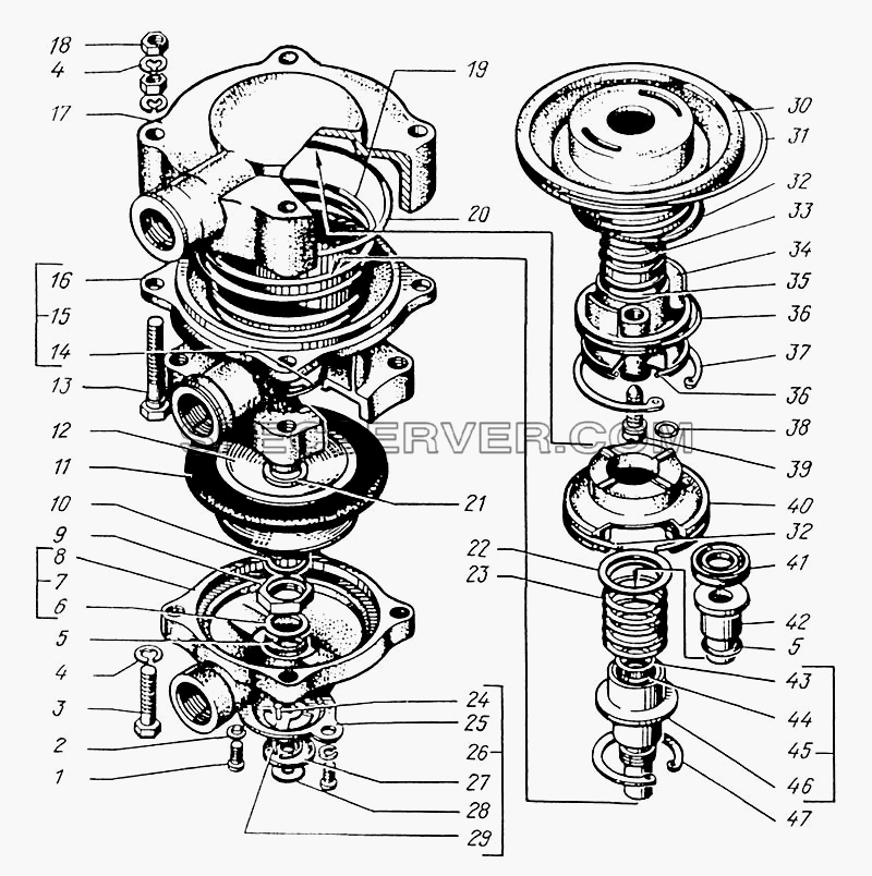 Клапан управления тормозной системой прицепа с двухпроводным приводом для КрАЗ-6322 (список запасных частей)