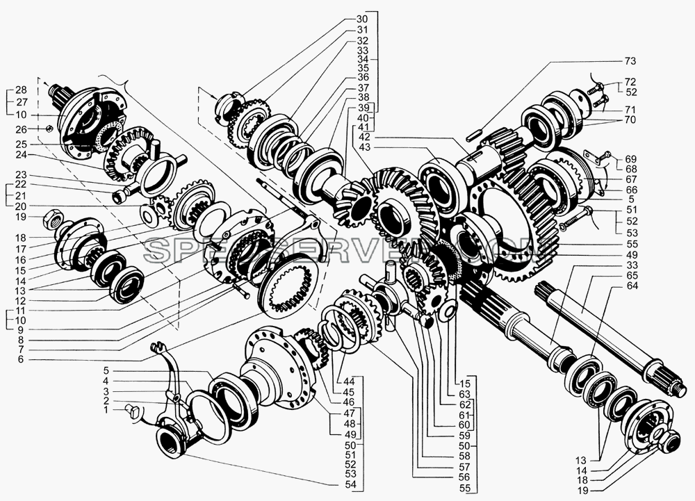 Редуктор главной передачи среднего моста (валы и шестерни) для КрАЗ-65053-02 (список запасных частей)