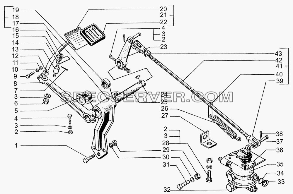 Педаль тормозная и привод управления двухсекционным тормозным краном для КрАЗ-65053-02 (список запасных частей)