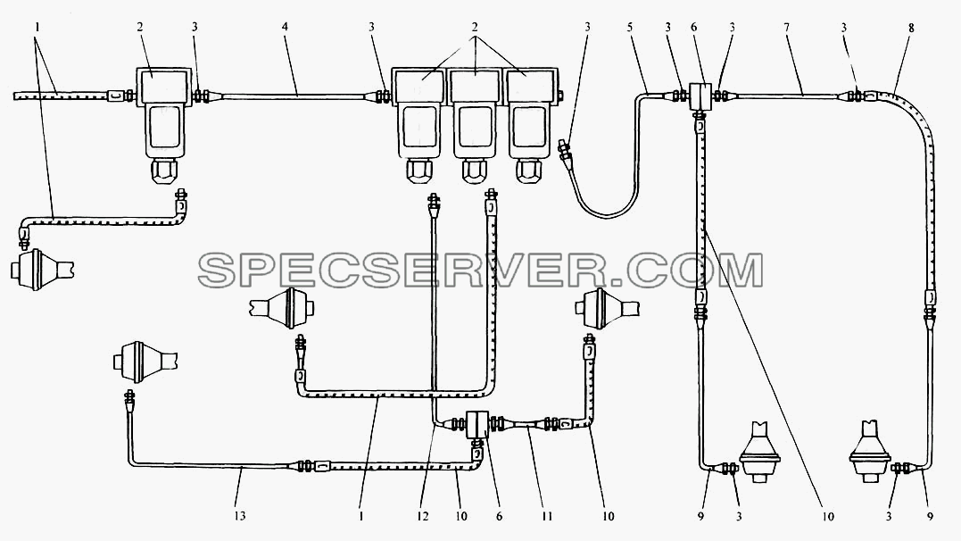 Воздухопроводы управления раздаточной коробкой, коробкой отбора мощности и блокировкой дифференциалов мостов для КрАЗ-6443 (списка 2004 г) (список запасных частей)
