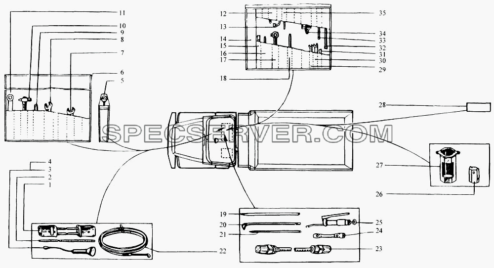 Раскладка инструмента под сиденьем пассажира для КрАЗ-6443 (списка 2004 г) (список запасных частей)