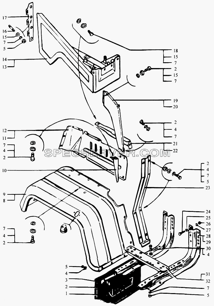 Крыло переднее. Подножки для КрАЗ-6443 (списка 2004 г) (список запасных частей)