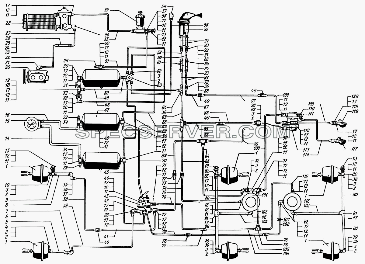 Воздухопроводы и аппараты тормозной системы для КрАЗ-6446 (список запасных частей)