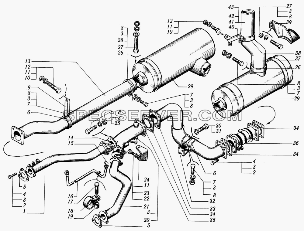 Система выпуска отработавших газов для КрАЗ-6510 (список запасных частей)