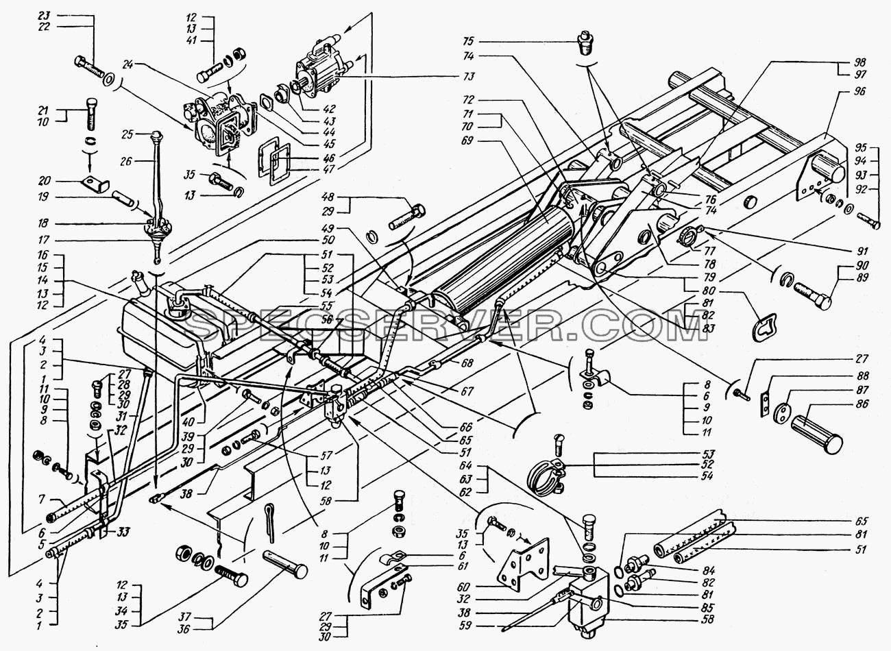 Опрокидывающий механизм платформы для КрАЗ-65055 (список запасных частей)