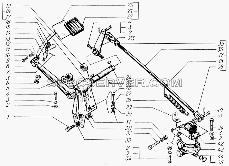Педаль тормозная и привод управления двухсекционным тормозным краном для КрАЗ-65055 (список запасных частей)