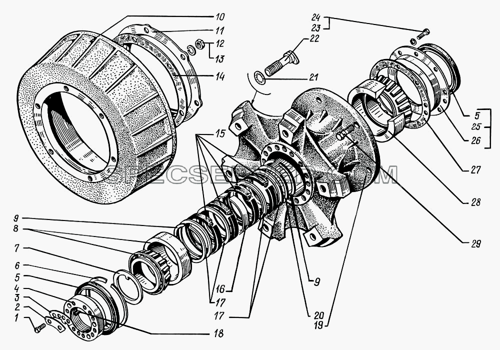Ступица заднего колеса с тормозным барабаном для КрАЗ-6322 (шасси) (список запасных частей)
