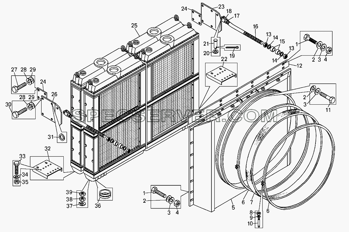 Блок радиаторов и кожух вентилятора для БелАЗ-7513 (список запасных частей)