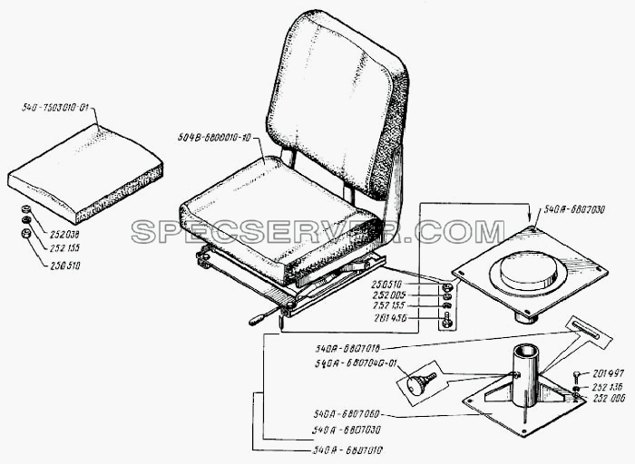 Сиденье водителя и боковое сиденье для БелАЗ-75401 (список запасных частей)