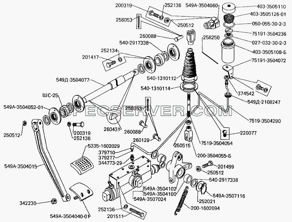 Привод управления рабочей тормозной системой для БелАЗ-7549 (список запасных частей)