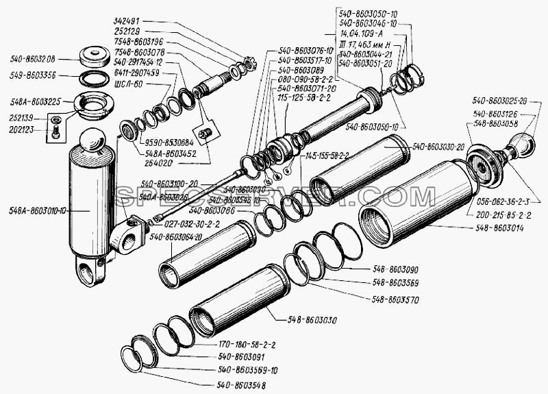 Цилиндр опрокидывающего механизма для БелАЗ-7523 (список запасных частей)