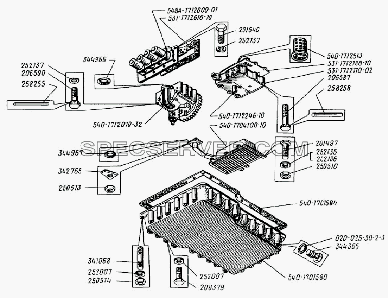 Золотниковая коробка, маслоприемник, насос и поддон 3-ступенчатой гидромехан. передачи для БелАЗ-7523 (список запасных частей)