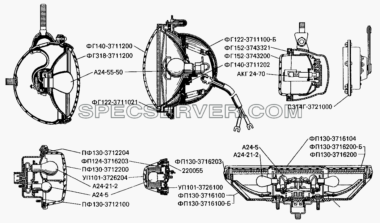 Фары, передние и задние фонари и боковые указатели поворота для БелАЗ-7512 (список запасных частей)